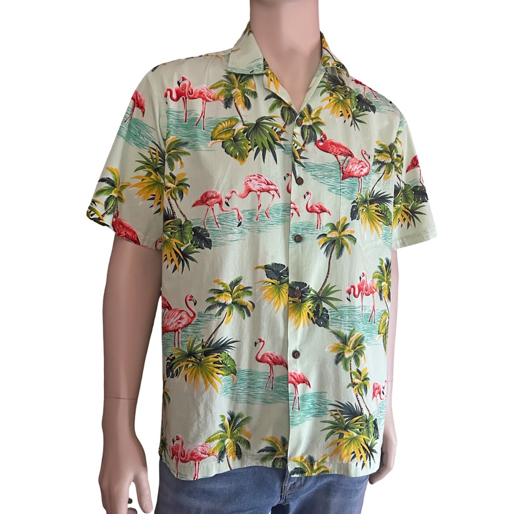 Pacific Legend Hawaiian Shirt Tiki Vintage Flamingoes Palm Trees 100% Cotton